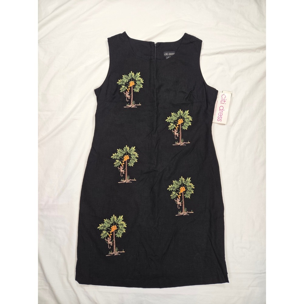 Citi Dress Black Linen‎ Blend Sleeveless Midi Monkey Palm Tree Embroidery 14 NWT